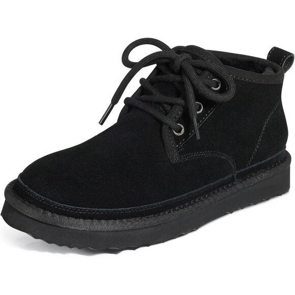 Women's Black aux Fur Ankle Lined Short Lace Up Snow Mini Booties Shoes - Picture 3 of 7